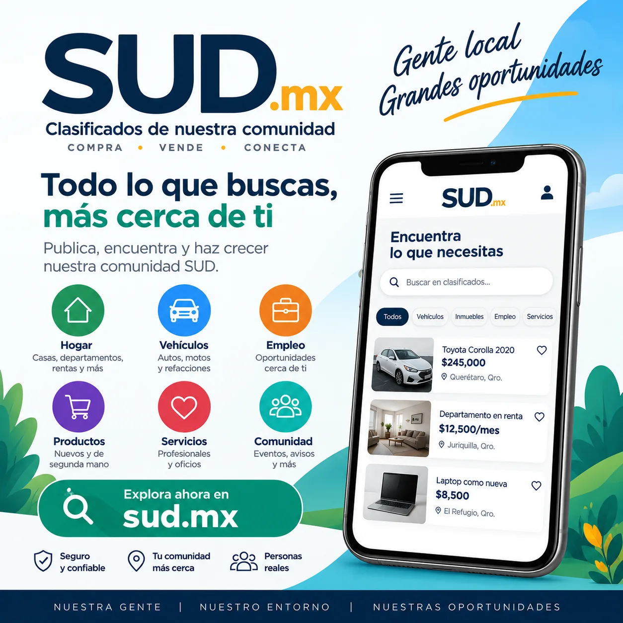 SUD.mx, clasificados de nuestra comunidad: compra, vende y conecta. Hogar, vehículos, empleo, productos, servicios y comunidad.
